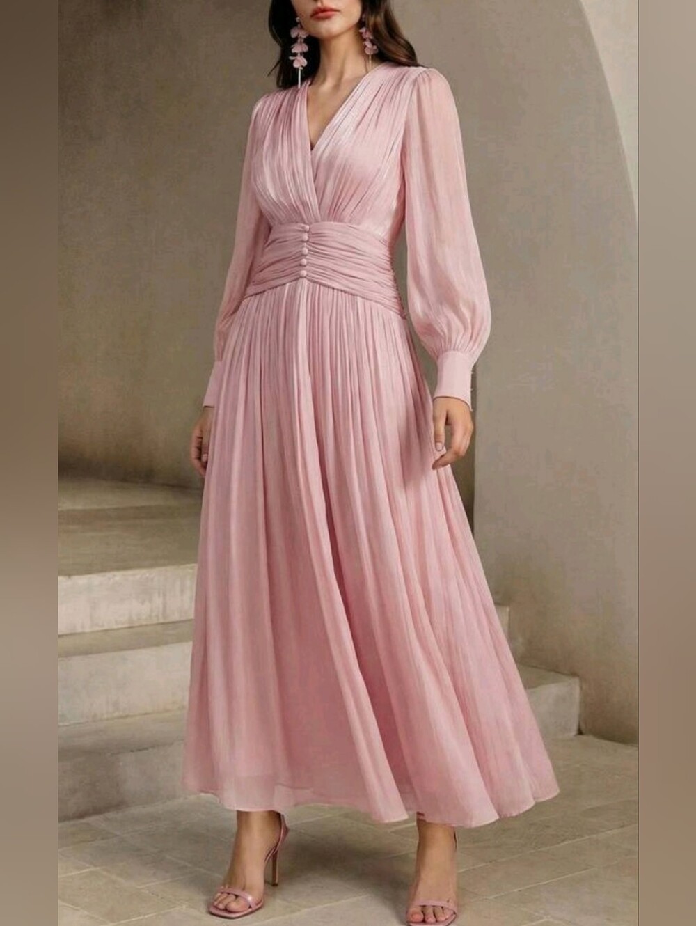 New Luxe Metallic Ruched Button Waist Maxi Dress Long Sleeve Pink